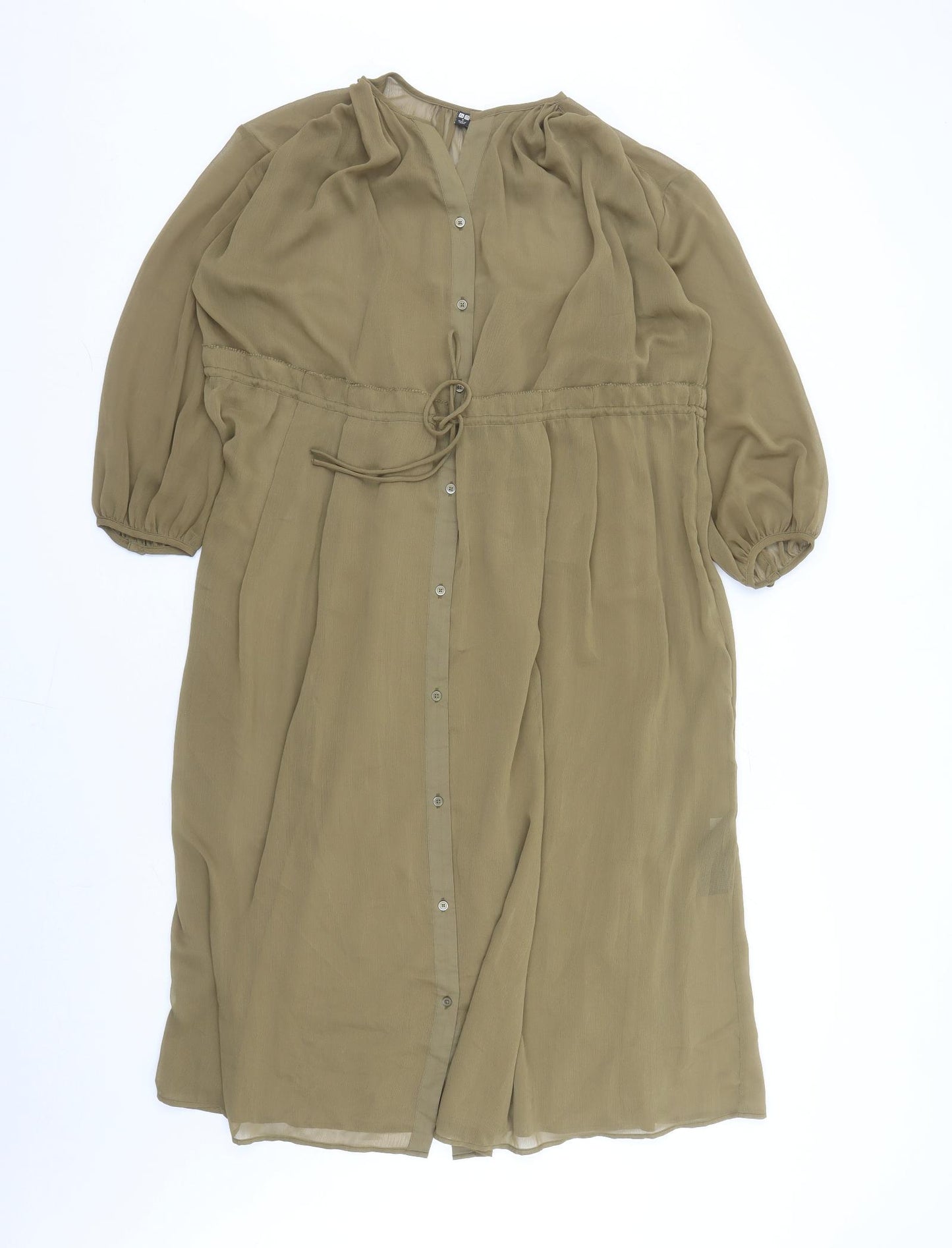 Uniqlo Womens Green Polyester A-Line Size S V-Neck Button