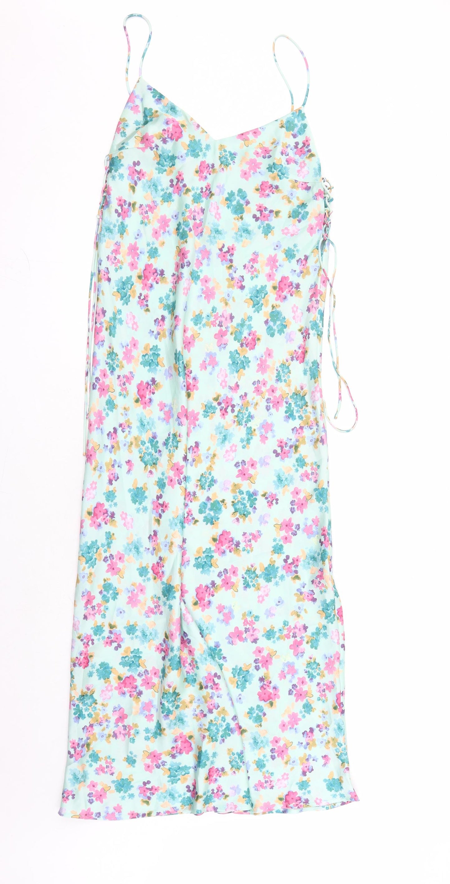 Zara Womens Green Floral Polyester Slip Dress Size S V-Neck Pullover
