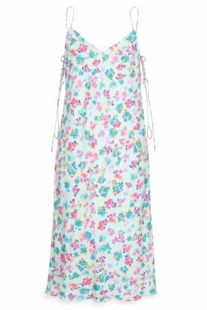 Front view of Zara women’s green floral polyester slip dress, size S, v-neck pullover