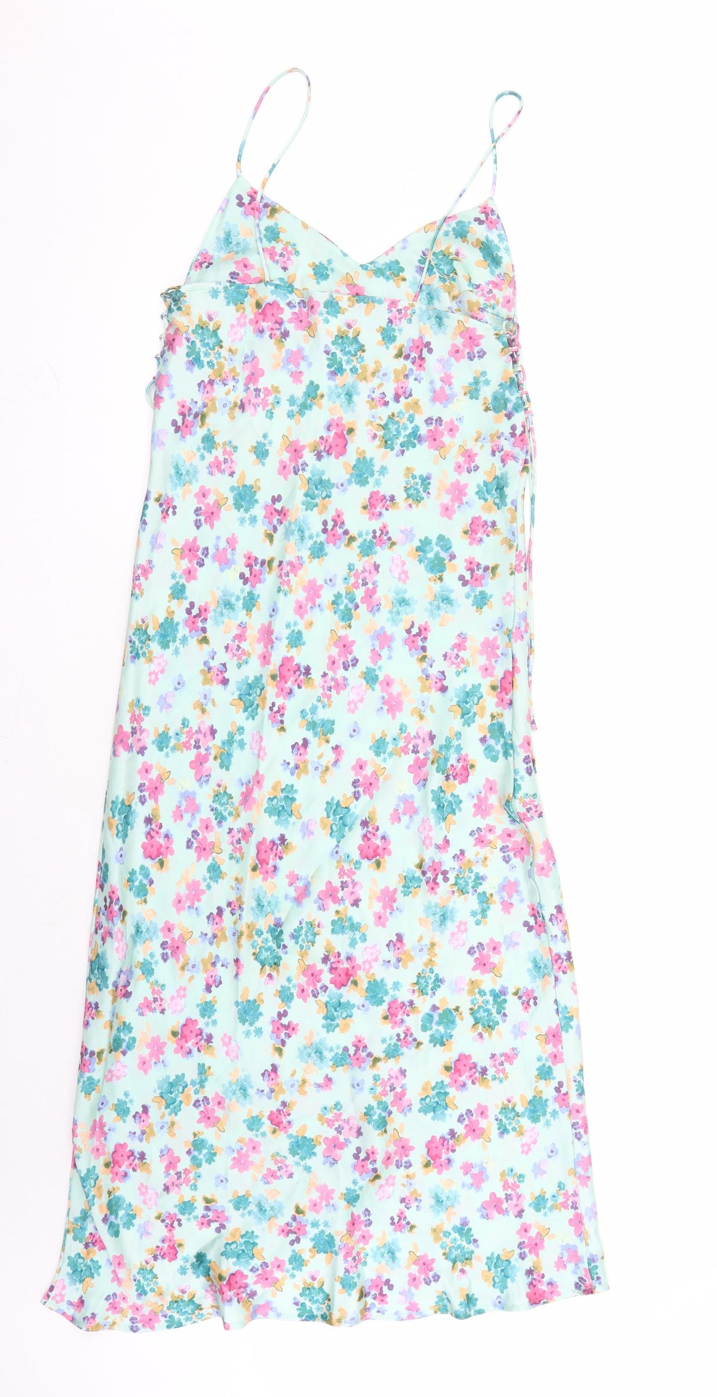 Zara Womens Green Floral Polyester Slip Dress Size S V-Neck Pullover