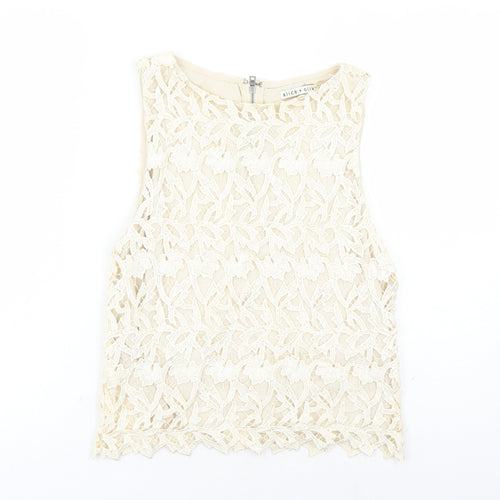 Alice + Olivia Womens Ivory Geometric Polyester Basic T-Shirt Size S Round Neck