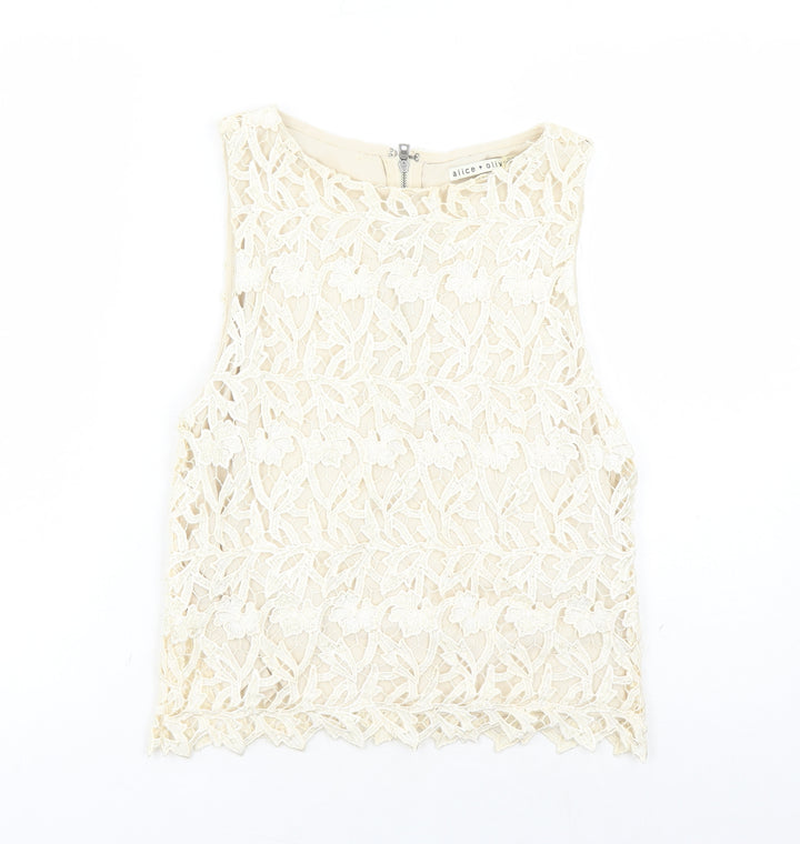 Alice + Olivia Womens Ivory Geometric Polyester Basic T-Shirt Size S Round Neck