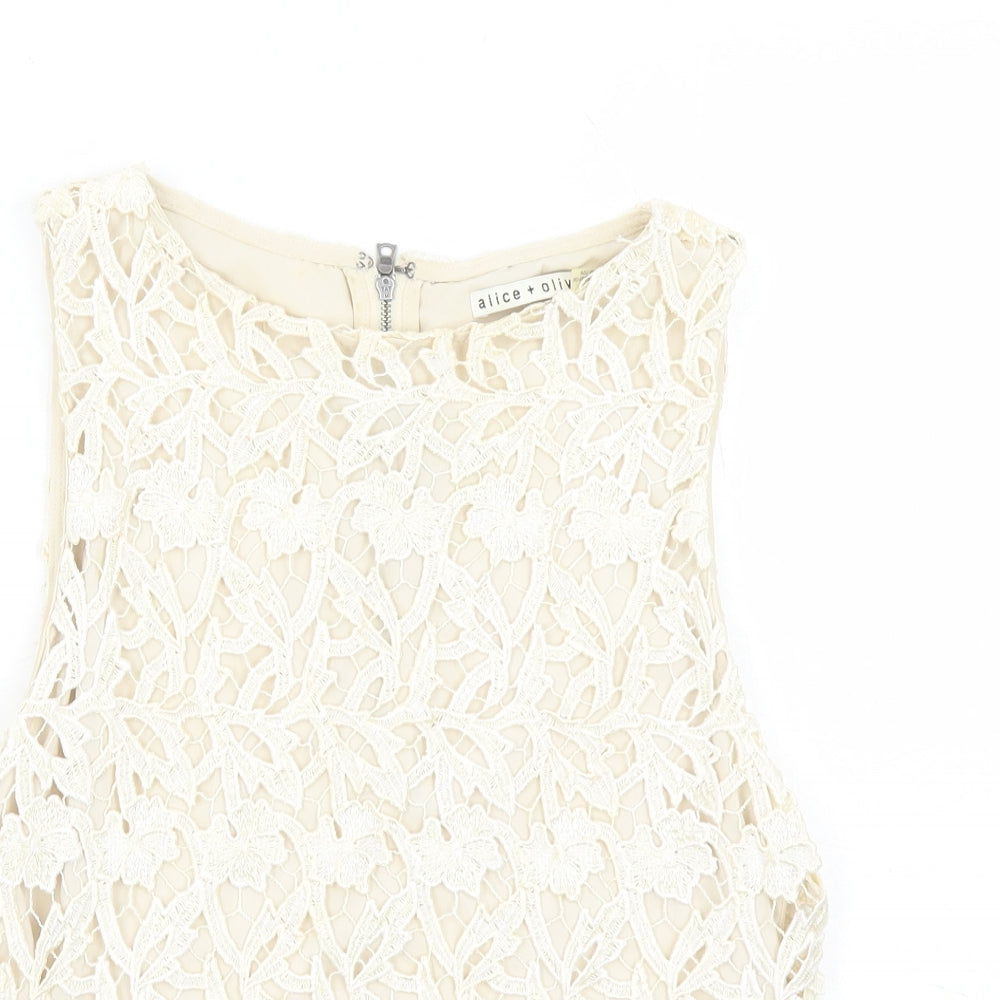 Alice + Olivia Womens Ivory Geometric Polyester Basic T-Shirt Size S Round Neck