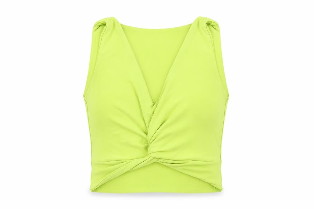 Front view of PRETTYLITTLETHING women’s green polyester cropped tank, size UK 10, v-neck