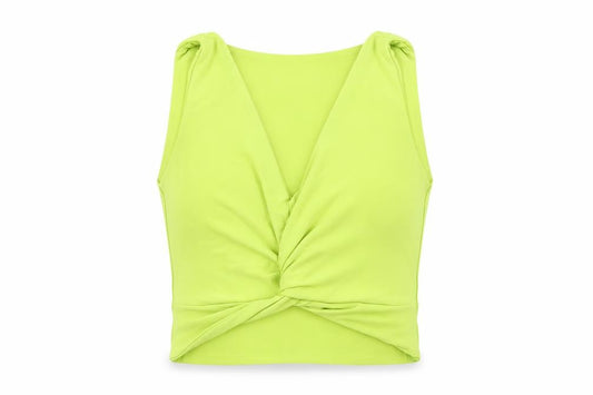 Front view of PRETTYLITTLETHING women’s green polyester cropped tank, size UK 10, v-neck