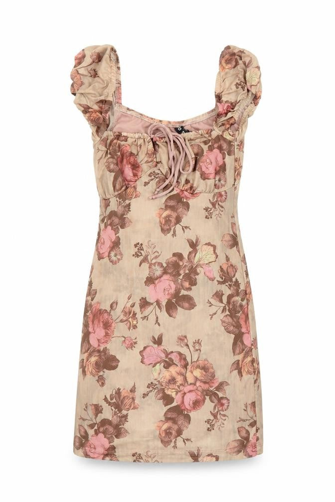 Front view of Motel Rocks women’s brown floral polyester mini, size XS, round neck pullover