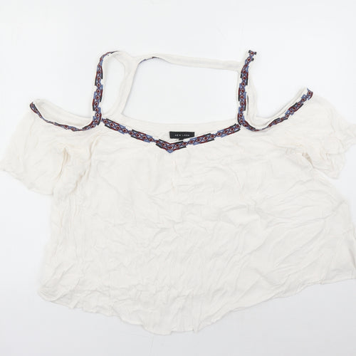 New Look Womens White Viscose Basic Blouse Size 16 V-Neck - Embroidered Detail Cold Shoulder
