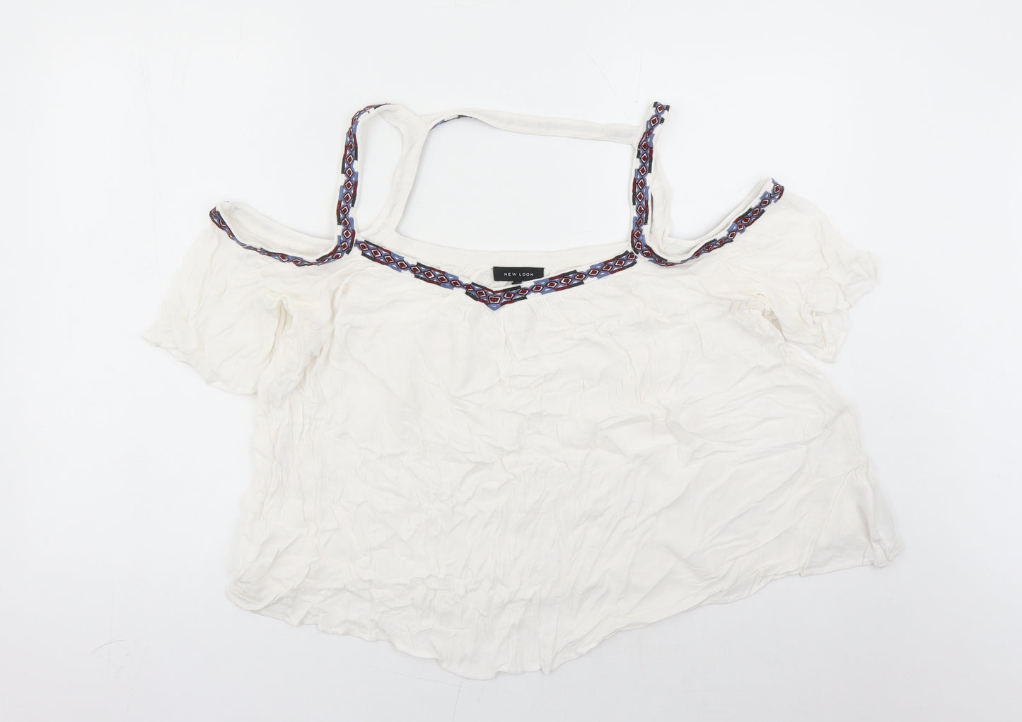 New Look Womens White Viscose Basic Blouse Size 16 V-Neck - Embroidered Detail Cold Shoulder
