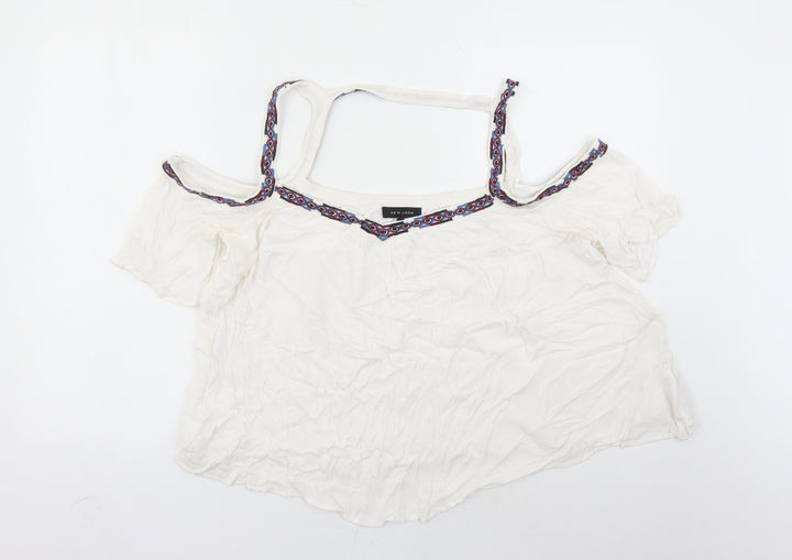 New Look Womens White Viscose Basic Blouse Size 16 V-Neck - Embroidered Detail Cold Shoulder