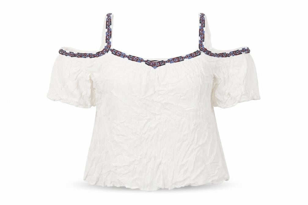 Front view of New Look women’s white viscose basic blouse, size UK 16, v-neck - embroidered detail cold shoulder