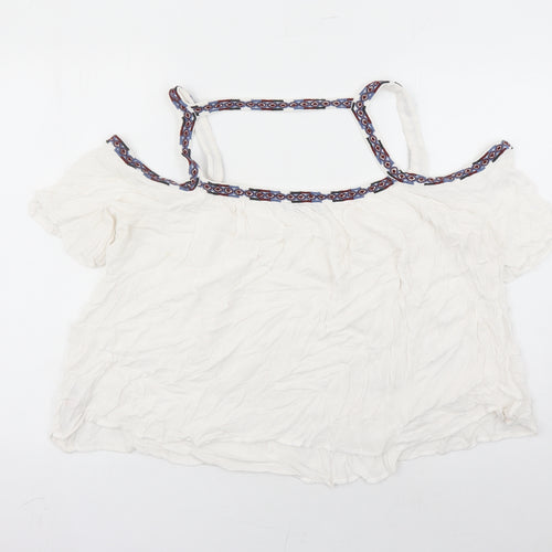 New Look Womens White Viscose Basic Blouse Size 16 V-Neck - Embroidered Detail Cold Shoulder