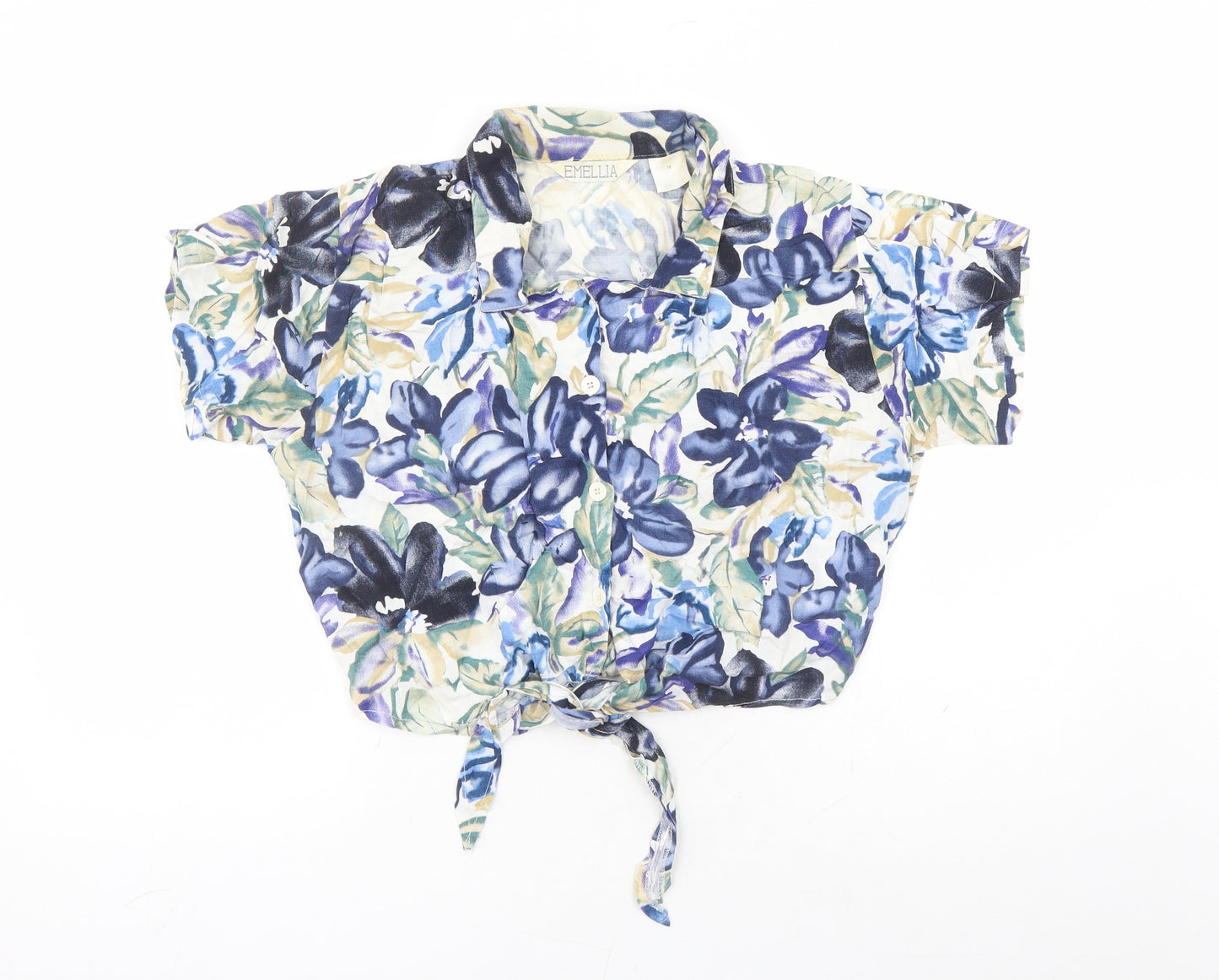 Emellia Womens Blue Floral Viscose Basic Button-Up Size 16 Collared