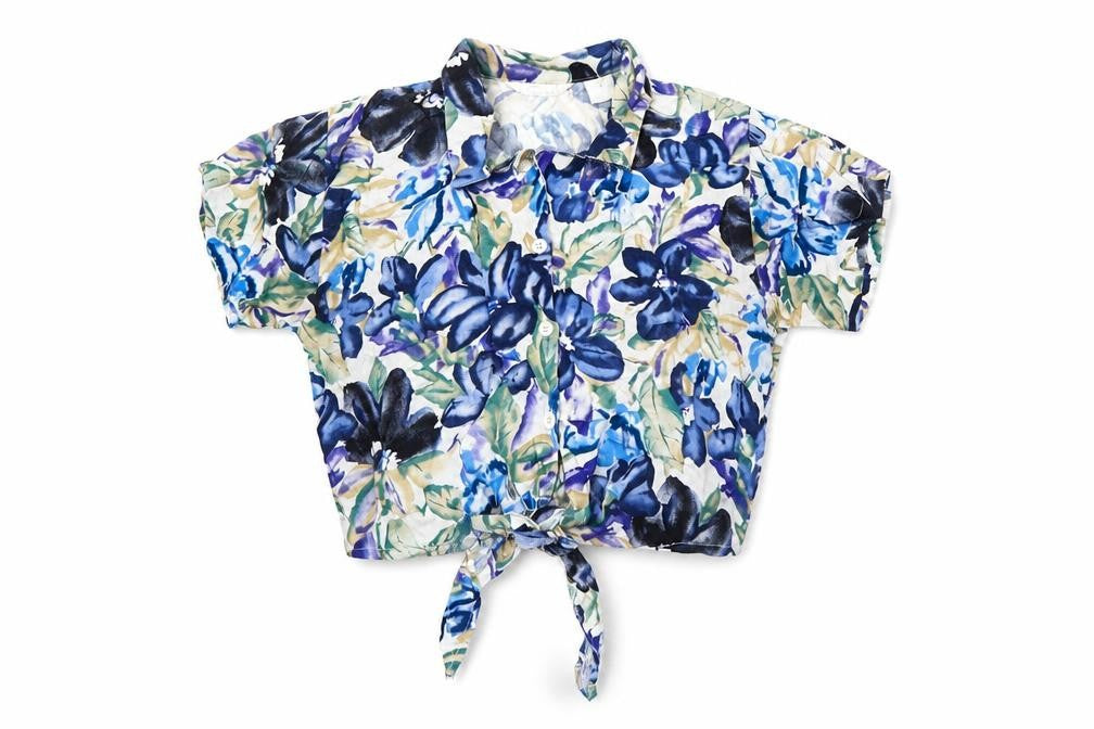 Front view of Emellia women’s blue floral viscose basic button-up, size UK 16, collared