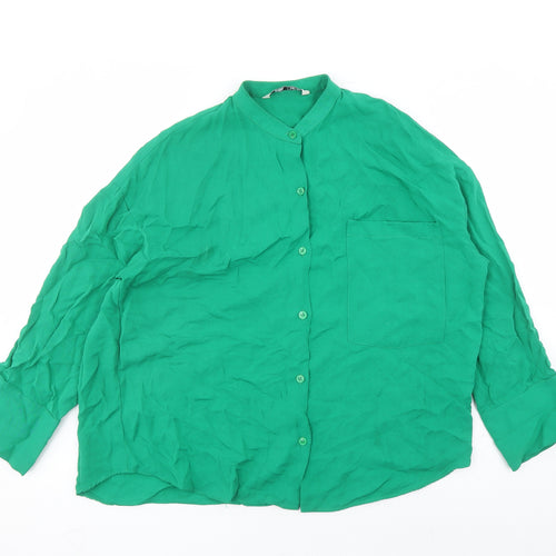 Zara Womens Green Viscose Basic Button-Up Size S Round Neck - over