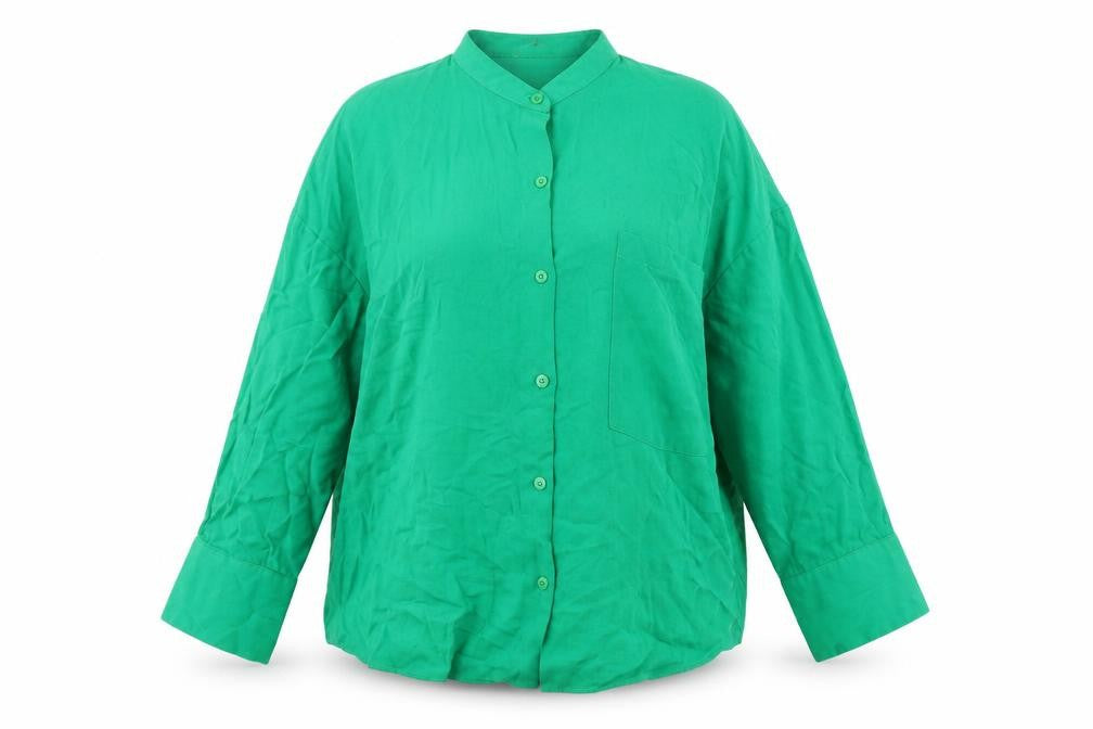 Front view of Zara women’s green viscose basic button-up, size S, round neck - over