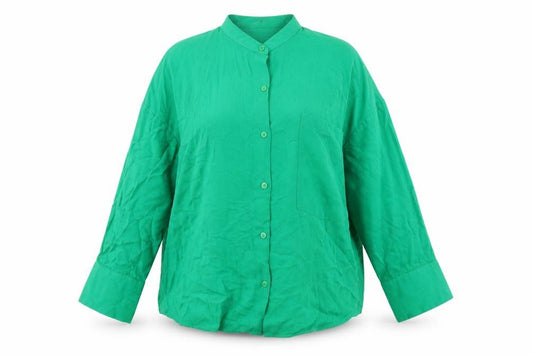 Front view of Zara women’s green viscose basic button-up, size S, round neck - over