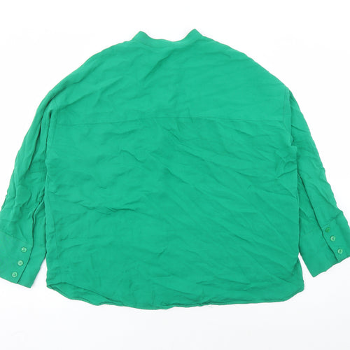 Zara Womens Green Viscose Basic Button-Up Size S Round Neck - over