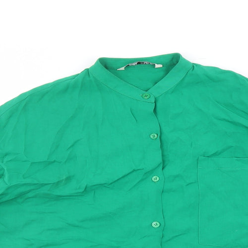 Zara Womens Green Viscose Basic Button-Up Size S Round Neck - over