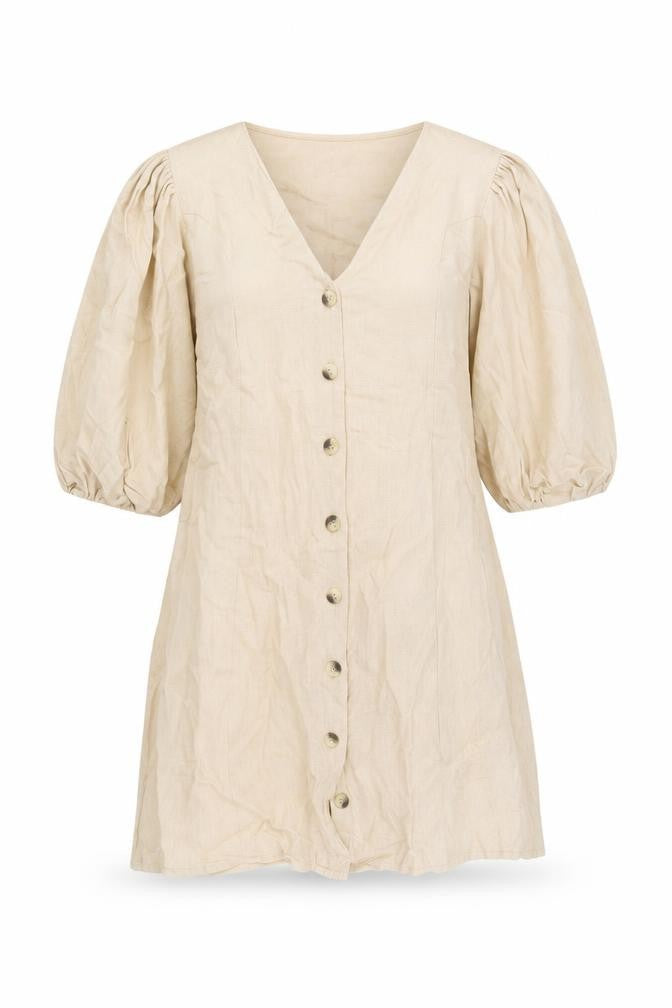 Front view of Influence women’s beige cotton a-line, size UK 10, v-neck button