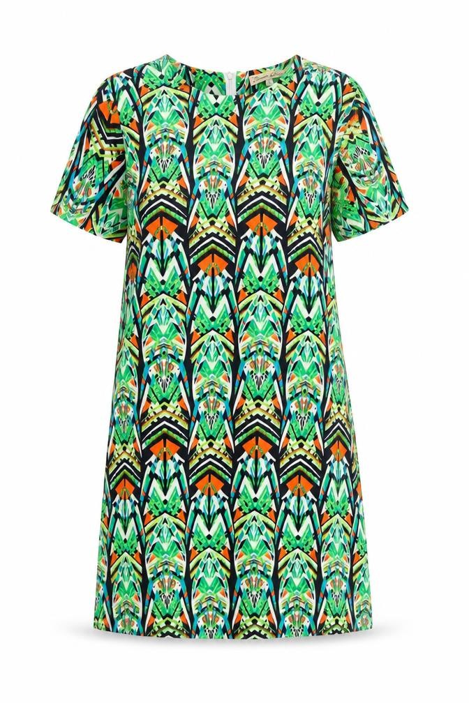 Front view of Cameo Rose women’s multicoloured geometric polyester a-line, size UK 12, round neck zip