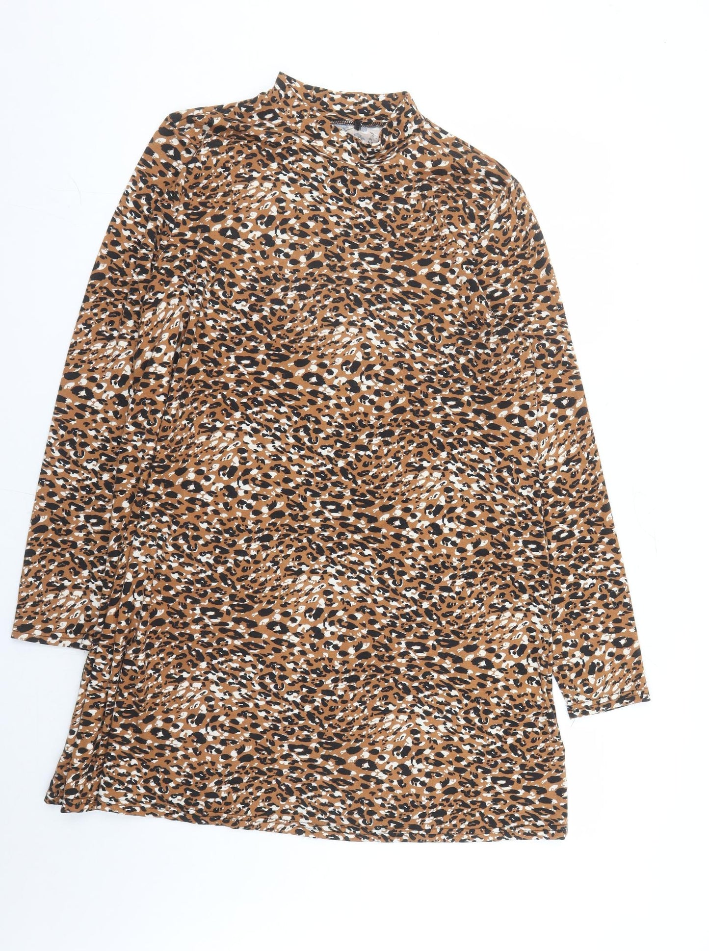 QED London Womens Brown Animal Print Polyester A-Line Size 16 Mock Neck Pullover - le