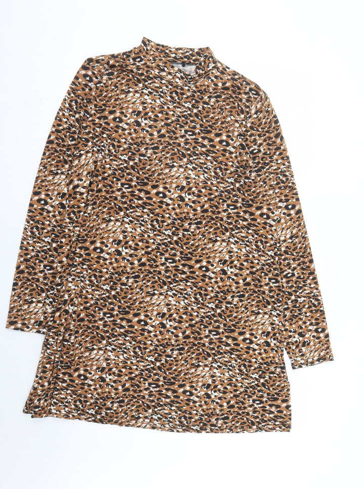 QED London Womens Brown Animal Print Polyester A-Line Size 16 Mock Neck Pullover - le