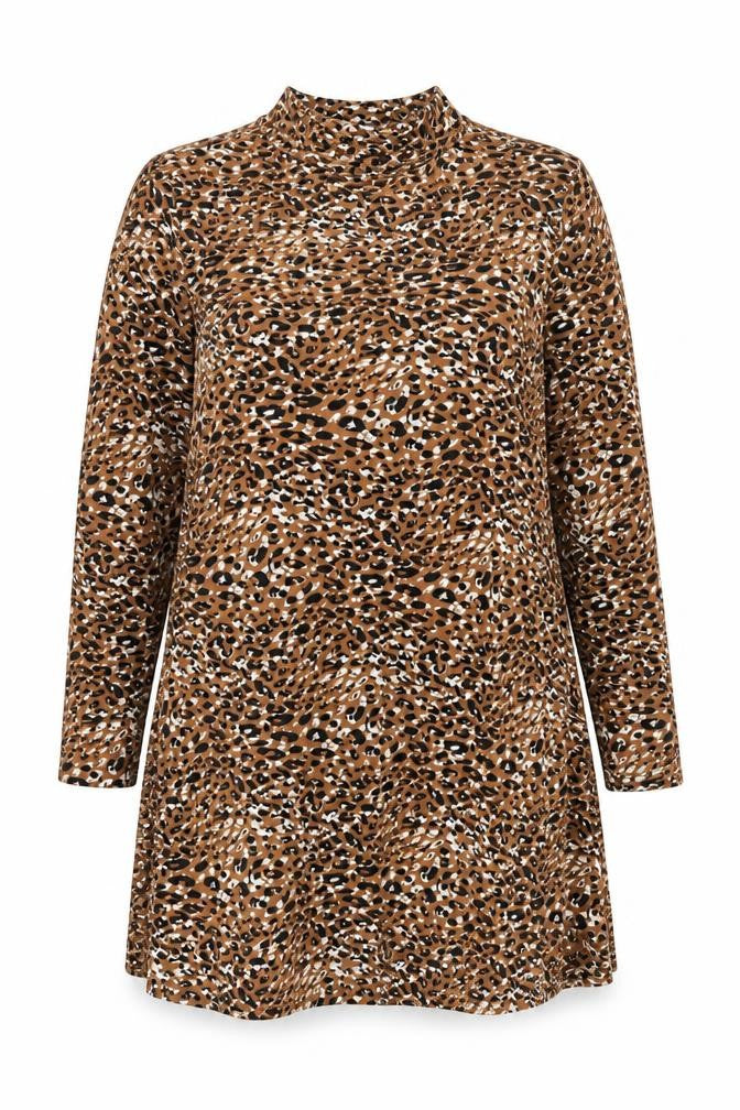 QED London Womens Brown Animal Print Polyester A-Line Size 16 Mock Neck Pullover - le