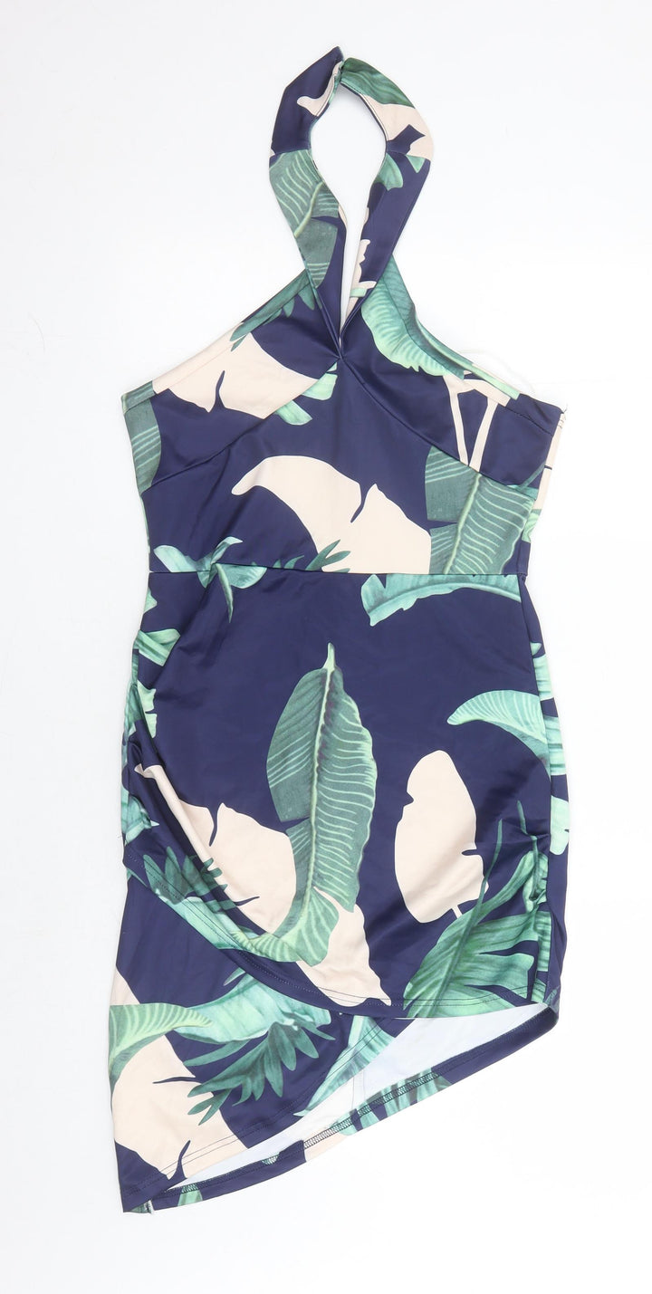 Parisian Womens Blue Geometric Polyester Pencil Dress Size 12 Halter Zip