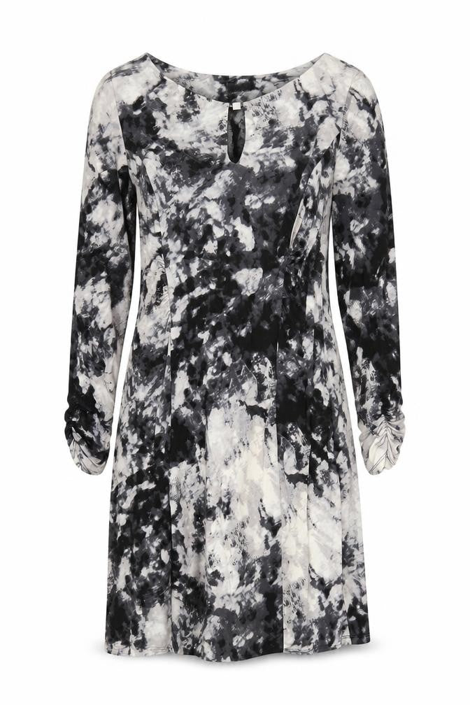 Front view of Ghost London women’s black geometric viscose a-line, size UK 18, round neck pullover - keyhole neckline
