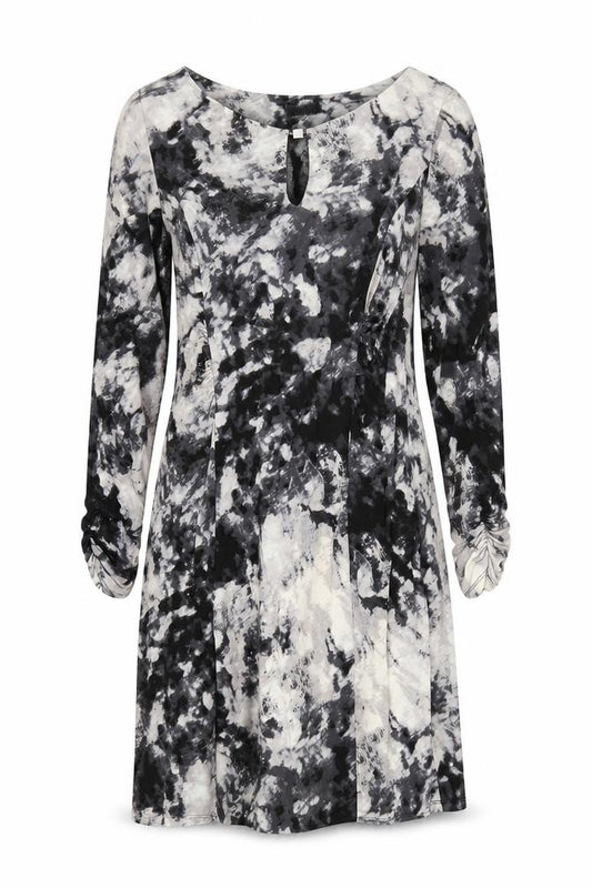 Front view of Ghost London women’s black geometric viscose a-line, size UK 18, round neck pullover - keyhole neckline