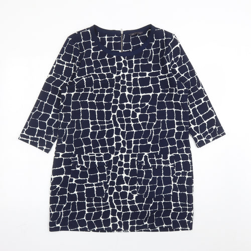 Marks and Spencer Womens Blue Geometric Polyester A-Line Size 14 Round Neck Zip