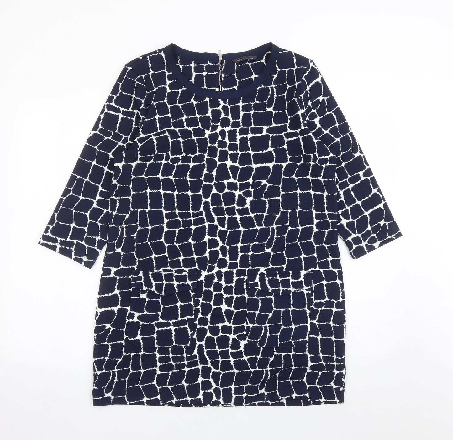 Marks and Spencer Womens Blue Geometric Polyester A-Line Size 14 Round Neck Zip