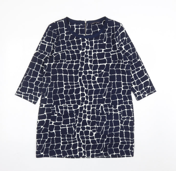 Marks and Spencer Womens Blue Geometric Polyester A-Line Size 14 Round Neck Zip
