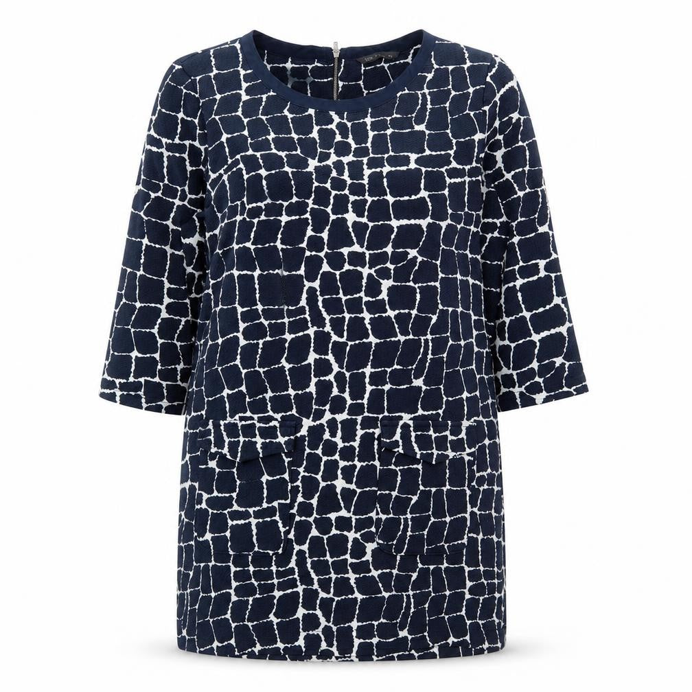 Front view of Marks & Spencer women’s blue geometric polyester a-line, size UK 14, round neck zip