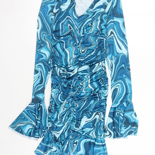 PRETTYLITTLETHING Womens Blue Geometric Polyester Bodycon Size 8 V-Neck Pullover