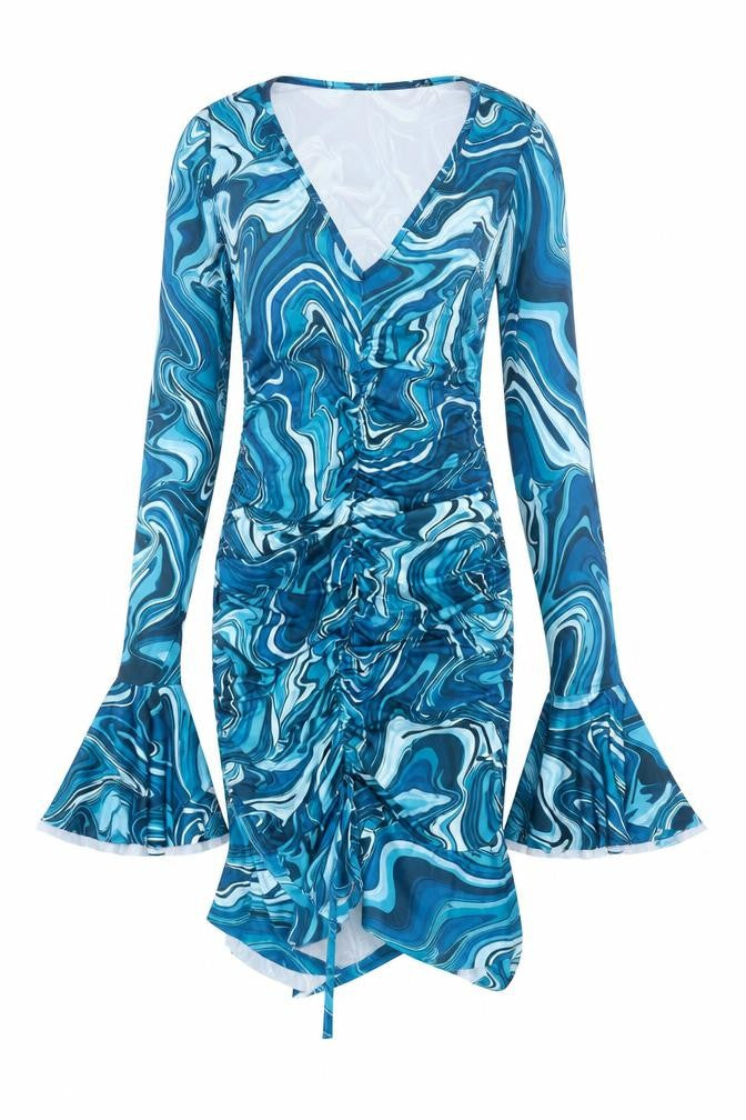 Front view of PRETTYLITTLETHING women’s blue geometric polyester bodycon, size UK 8, v-neck pullover