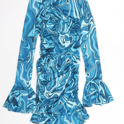PRETTYLITTLETHING Womens Blue Geometric Polyester Bodycon Size 8 V-Neck Pullover
