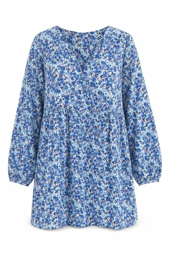 Front view of VILA women’s blue floral polyester a-line, size S, v-neck pullover