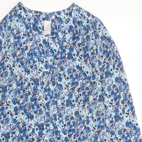 VILA Womens Blue Floral Polyester A-Line Size S V-Neck Pullover