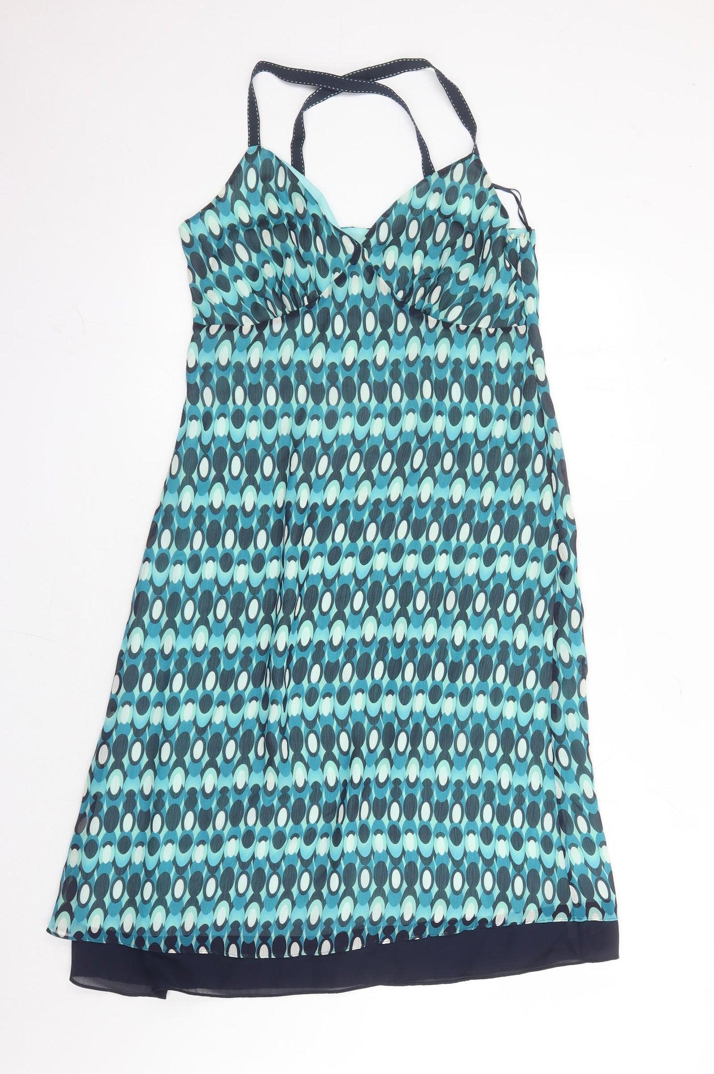 NEXT Womens Blue Geometric Polyester Slip Dress Size 14 V-Neck Zip