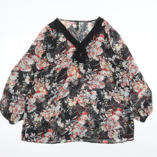 Evans Womens Black Floral Polyester Basic Blouse Size 18 V-Neck - Beaded Neckline