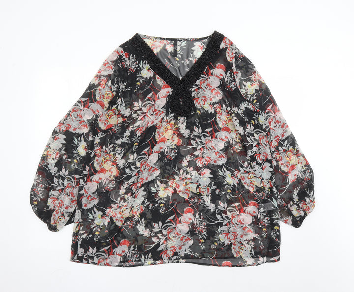 Evans Womens Black Floral Polyester Basic Blouse Size 18 V-Neck - Beaded Neckline