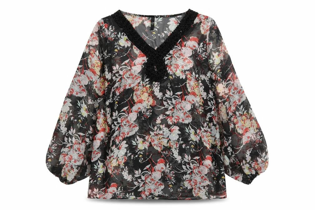 Front view of Evans women’s black floral polyester basic blouse, size UK 18, v-neck - beaded neckline