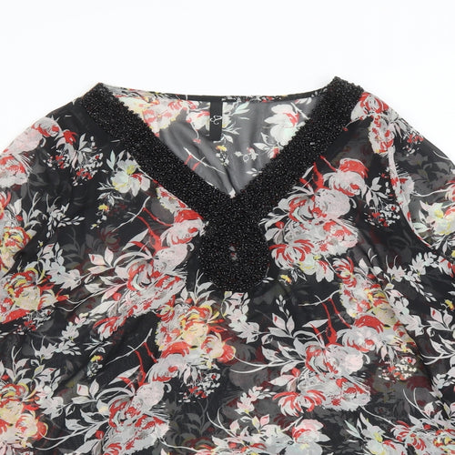 Evans Womens Black Floral Polyester Basic Blouse Size 18 V-Neck - Beaded Neckline