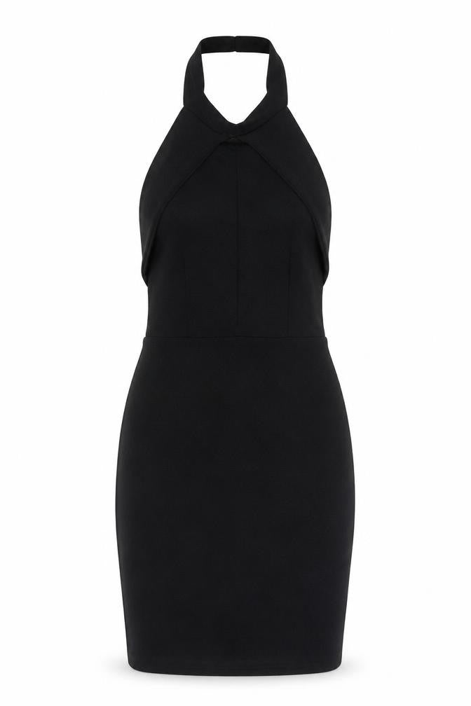 Front view of Bella London women’s black polyester bodycon, size UK 10, halter pullover