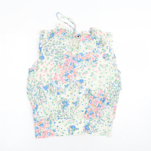 M&Co Womens White Floral Viscose Basic Blouse Size 12 Round Neck - Keyhole Neckline