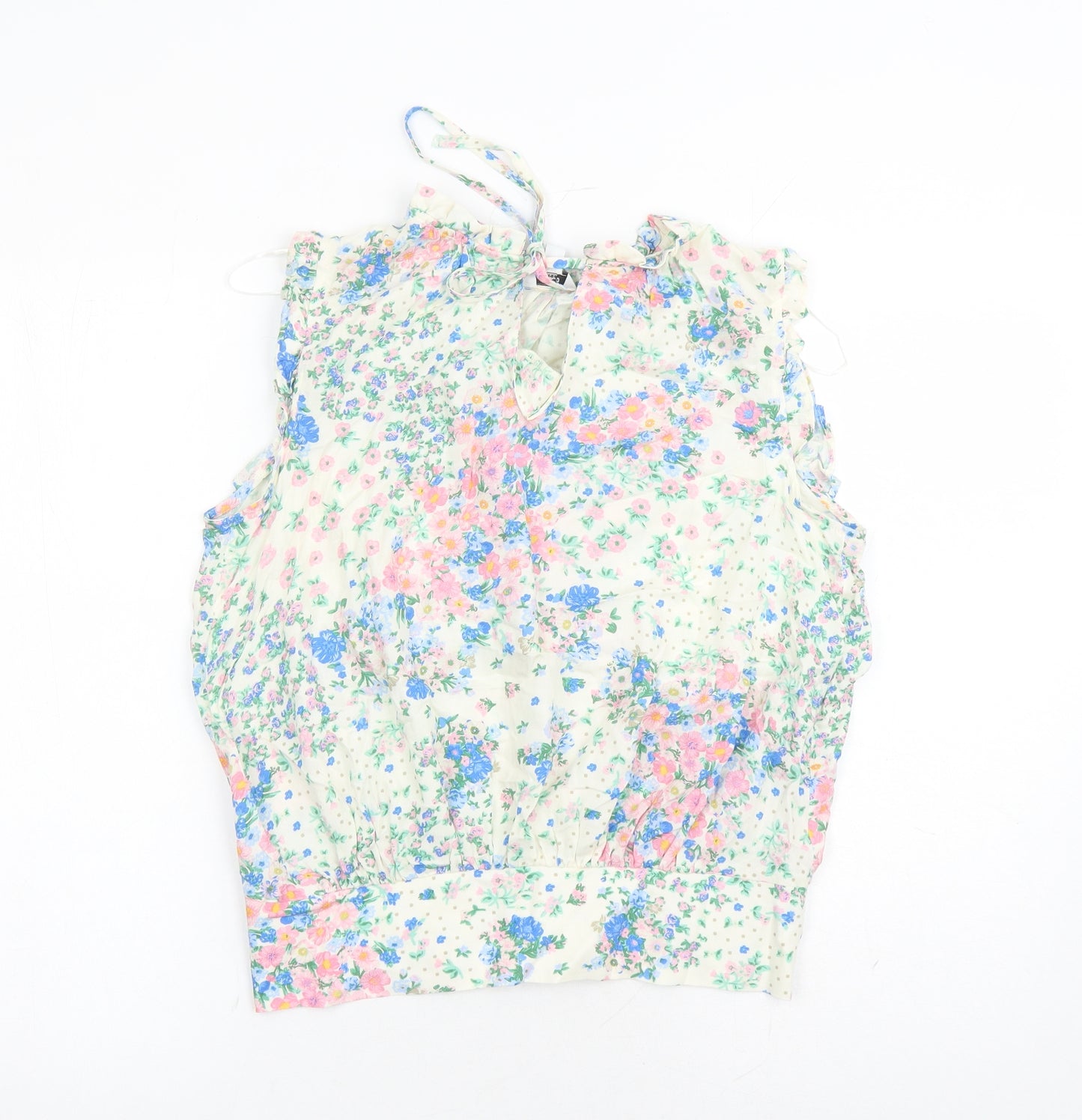 M&Co Womens White Floral Viscose Basic Blouse Size 12 Round Neck - Keyhole Neckline