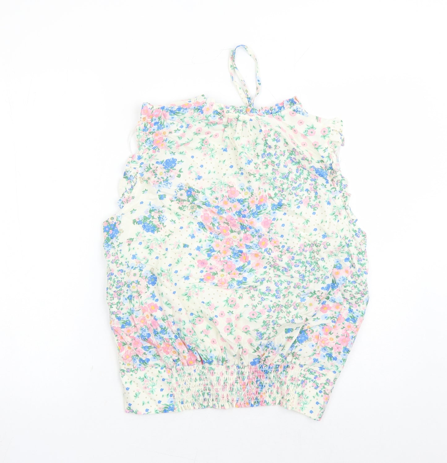M&Co Womens White Floral Viscose Basic Blouse Size 12 Round Neck - Keyhole Neckline
