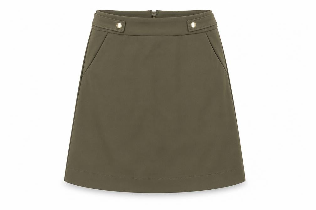 Front view of H&M women’s green polyester a-line skirt, size UK 6, zip