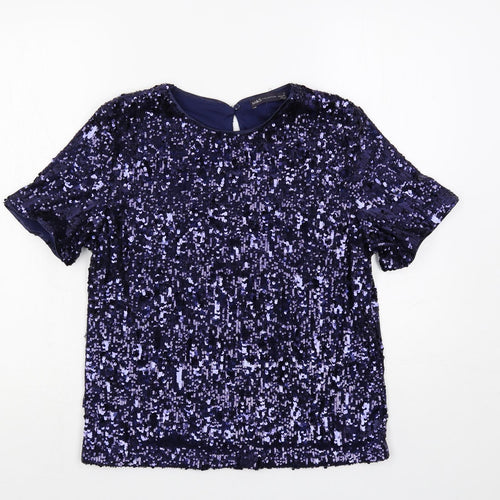 Marks and Spencer Womens Blue Polyester Basic Blouse Size 8 Round Neck - Sequin